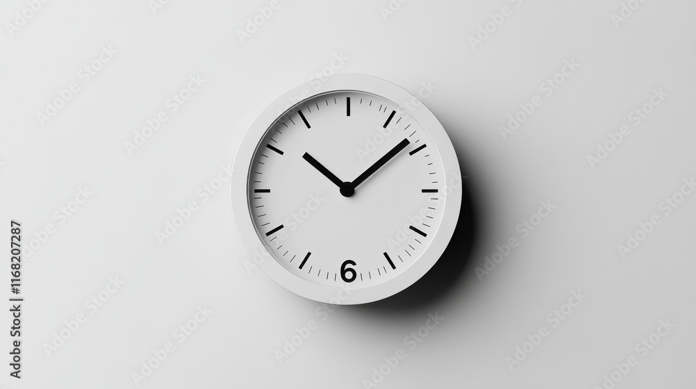 Minimalist white wall clock showing the time on white background Minimalist white wall clock showing the time on white background