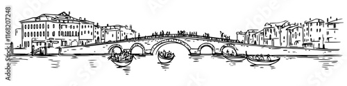 venetian canal with bridge, gondolas, and historic buildings, black vector sketch illustration