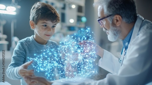 Interactive science learning experience child engaging with doctor in medical environment innovative technology concept