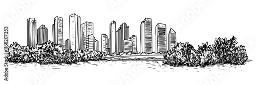 modern city skyline with skyscrapers and green park, black vector illustration