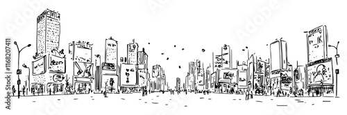 busy city street with billboards and pedestrians, black vector sketch illustration