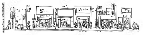 busy urban street with shops, signs, and pedestrians, black vector sketch illustration