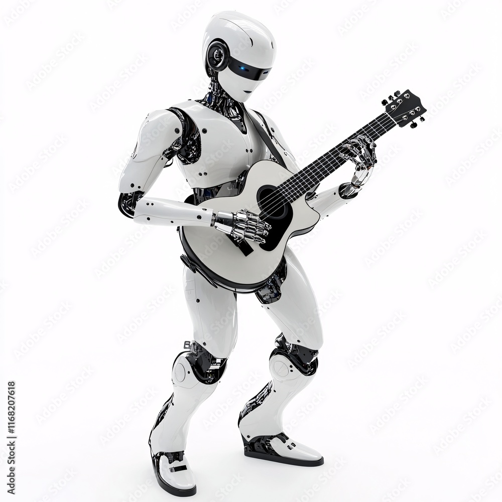 Advanced AI Robot Playing an Acoustic Guitar in a Minimalist White Studio, Showcasing Artificial Intelligence in Musical Arts and Technology, Generative AI Advanced AI Robot Playing an Acoustic Guitar in a Minimalist White Studio, Showcasing Artificial Intelligence in Musical Arts and Technology, Generative AI