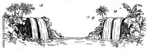 tropical waterfalls with lush vegetation and birds, black sketch vector sketch illustration