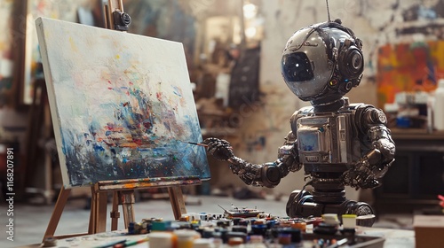 Robotic Artist Painting an Abstract Masterpiece on Canvas in a Vibrant Studio Environment, Exploring AI Creativity in Traditional Art Forms, Generative AI photo