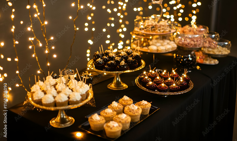 Birthday Background - A festive dessert display featuring various cupcakes and sweets, illuminated by fairy lights. Birthday Background - A festive dessert display featuring various cupcakes and sweets, illuminated by fairy lights.