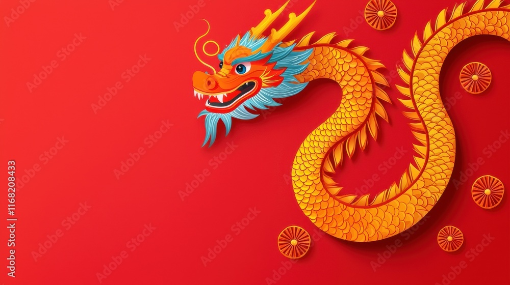 Obraz premium Vibrant Abstract Depiction of a Majestic Chinese Dragon Creature with Fiery Flames Ornate Patterns and Symbolic Cultural Imagery
