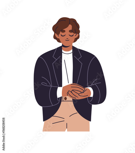 Boy applauding, shows support, gratitude with applause. Happy employee clapping hands, greeting, congratulates. Office worker rejoices, celebrates success. Flat isolated vector illustration on white
