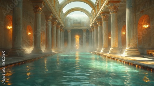 Ancient Rome Public Bathhouse with Marble Columns and Golden Accents photo