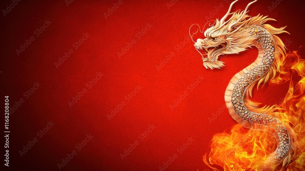 Obraz premium Fiery abstract of a mythical dragon with a diamond encrusted ornate body design The dragon s powerful spiraling form is surrounded by swirling flames and a radiant vivid color palette