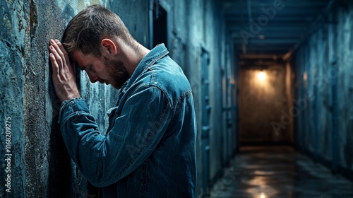 Despairing man contemplates life choices abandoned hallway emotional portrait dark atmosphere side view human struggle