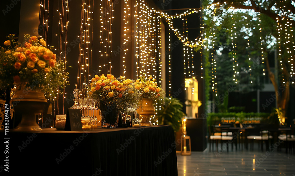 Birthday Background - Elegant event space adorned with lights and floral arrangements for a celebration. Birthday Background - Elegant event space adorned with lights and floral arrangements for a celebration.