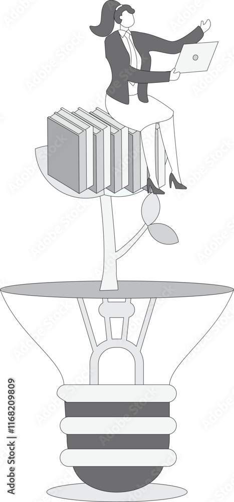 Idea and education concept illustration with businesswoman using laptop sitting on light bulb, knowledge and creativity business concept Idea and education concept illustration with businesswoman using laptop sitting on light bulb, knowledge and creativity business concept