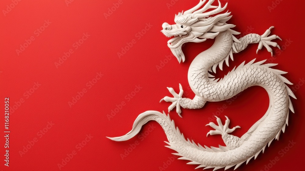 Fototapeta premium Striking and Depiction of a Stylized Chinese Dragon with Intricate Diamond Shaped Patterns in a Bold Red and White Color Scheme