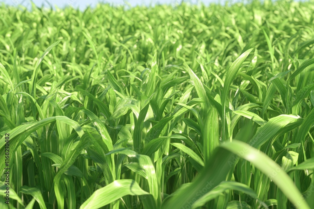Obraz premium Lush Green Cornfield with Vibrant Leaves Under Clear Blue Sky in Bright Sunlight