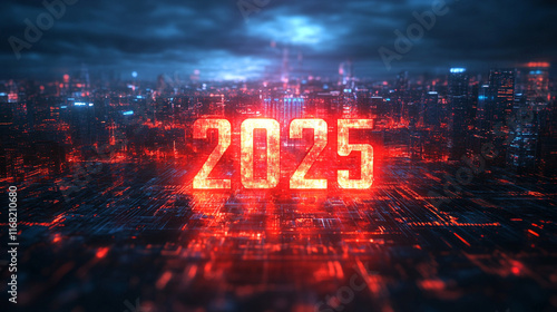 Bright glowing 2025 letters centered with a blurred futuristic city and digital transformation concept background symbolizing progress, innovation, and the future of technology

 photo