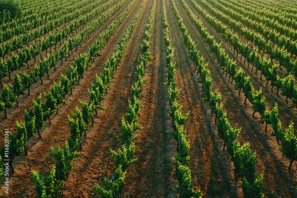 Aerial View of Lush Vineyard Rows Under Golden Evening Light Near Harvest Time Aerial View of Lush Vineyard Rows Under Golden Evening Light Near Harvest Time