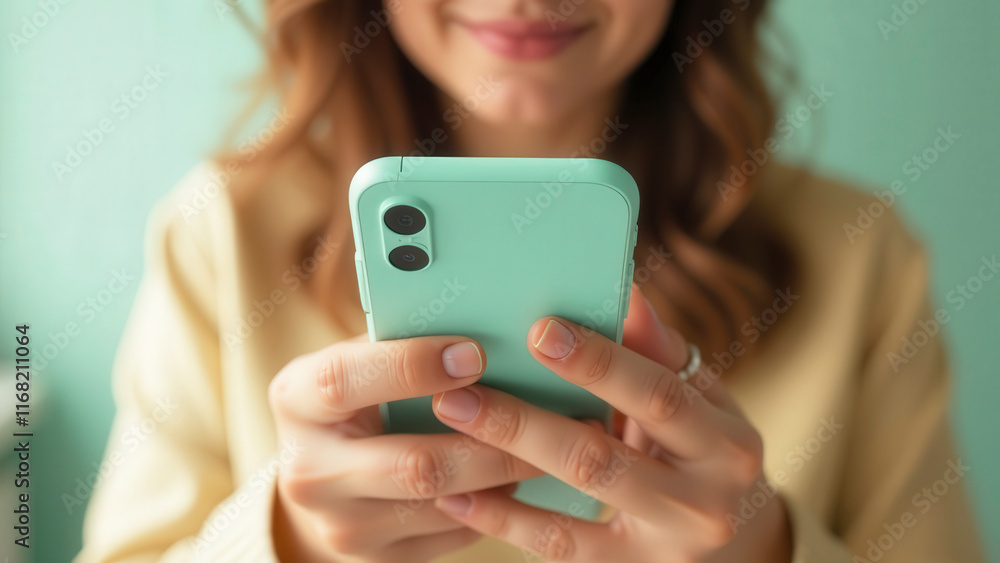 Woman using smartphone with green case and smiling: mobile technology and communication Woman using smartphone with green case and smiling: mobile technology and communication