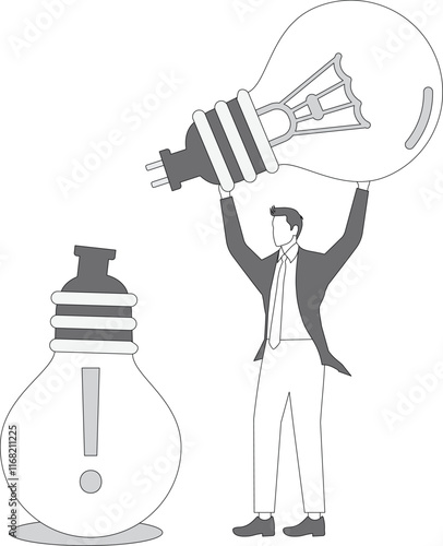 Businessman bring big light bulb idea for new product idea or business opportunity, finding new idea, creativity or innovation to create new product, solution to solve problem or fix mistake concept