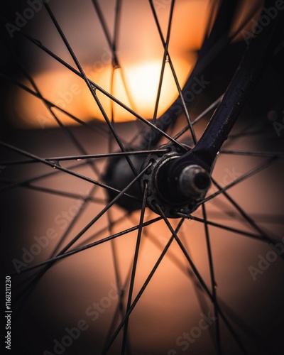 bicycle wheel in the sunset photo