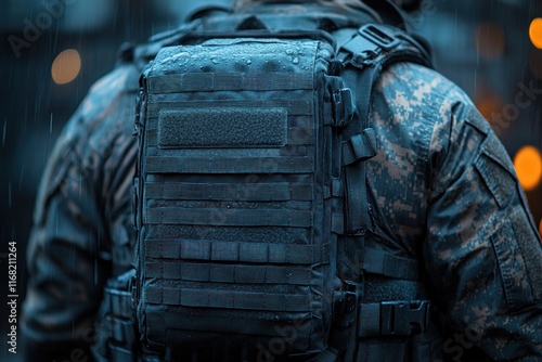 Tactical Vest Details of a French Police Trooper in Khaki Uniform with Gear Equipment photo