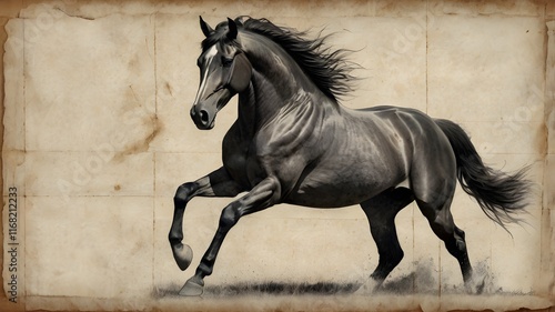 A vintage pencil drawing of a majestic horse in motion, sketched on an old, time-worn paper with rough edges and subtle discoloration, capturing the elegance of 19th-century artwork,Generative Ai

