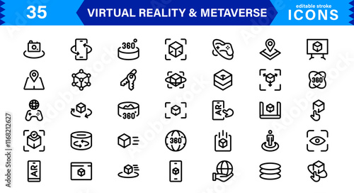 Versatile VR and Metaverse Icons. Line Art Graphics for Augmented Reality, Virtual Worlds, and Digital Interaction