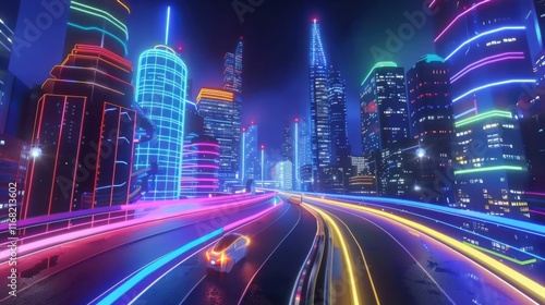 Futuristic cityscape at night with glowing neon lights, skyscrapers, and a car driving on illuminated highways.