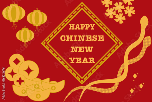 Chinese New Year of Snake 2025 with gold snakes, flowers, coin, gold, lantern | Lunar new year 2025 | Festive Gift Card Templates | Festive Ads, Web Poster, Flyers, Brochures, Greeting Cards, Elements