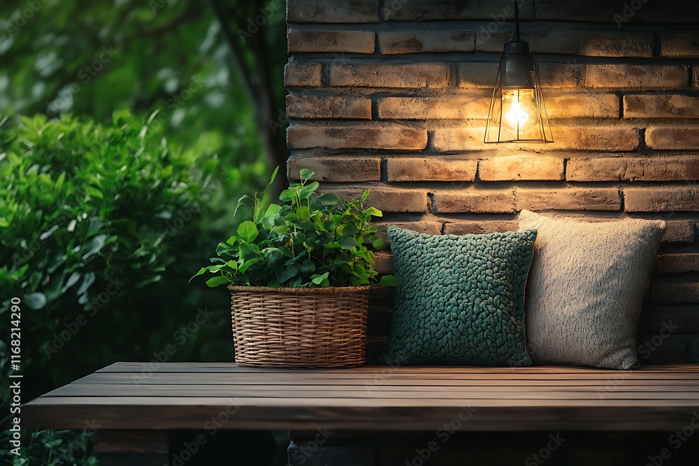 Fototapeta premium Cozy outdoor seating area with blurred background of a garden wall 