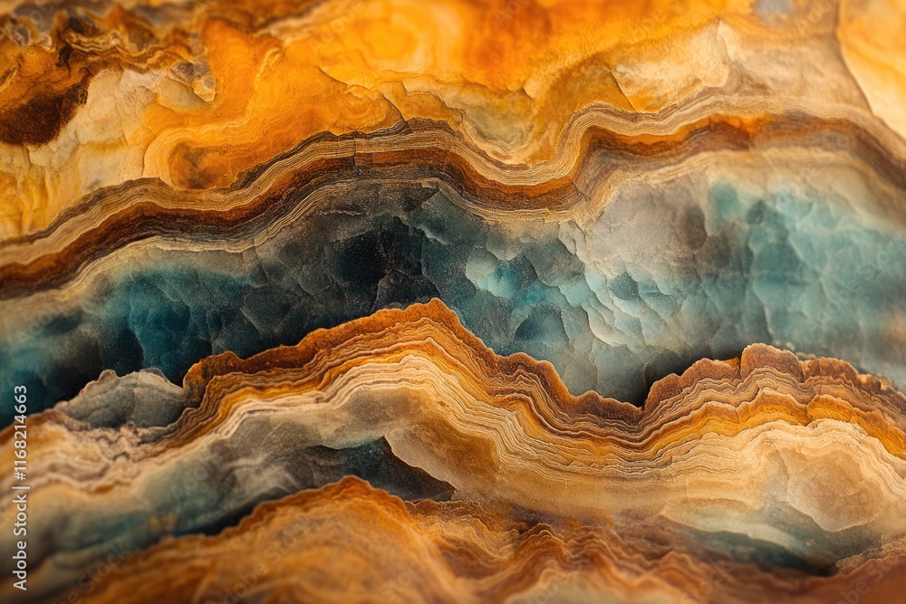 Abstract image of layered rock formations in shades of orange, teal, and brown, showcasing natural beauty and geological patterns. Abstract image of layered rock formations in shades of orange, teal, and brown, showcasing natural beauty and geological patterns.