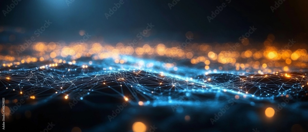 Fototapeta premium Futuristic Digital Network with Glowing Nodes and Connections in a Dark Abstract Background