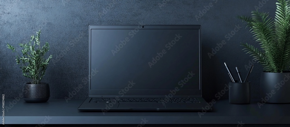 Fototapeta premium Dark Minimalist Workspace: Laptop, Plants, and Pencils