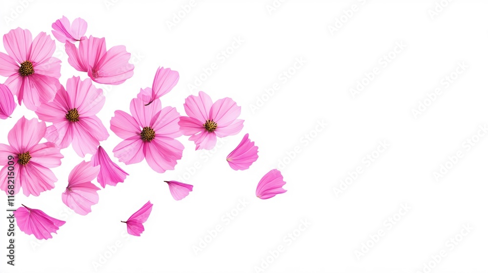 Delicate Pink Cosmos Flowers Petals on a White Background for Floral Design Delicate Pink Cosmos Flowers Petals on a White Background for Floral Design