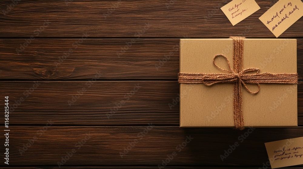 Close up top down view of a beautifully handcrafted gift box resting on a rustic wooden surface The box is wrapped in natural materials like twine ribbon and a simple bow creating a charming cozy Close up top down view of a beautifully handcrafted gift box resting on a rustic wooden surface The box is wrapped in natural materials like twine ribbon and a simple bow creating a charming cozy