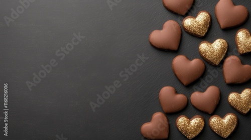 Fototapeta Naklejka Na Ścianę i Meble -  Decadent homemade chocolate cookies in the shape of hearts topped with a delicate layer of shimmering edible gold  A luxurious and indulgent dessert perfect for Valentine s Day any special occasion