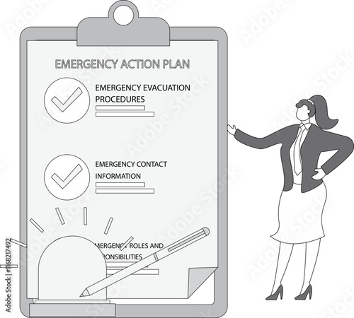 Business emergency action plan with businesswoman holding pencil standing next to siren and emergency plan list paper, emergency action plan, emergency action plan when business disaster occurs