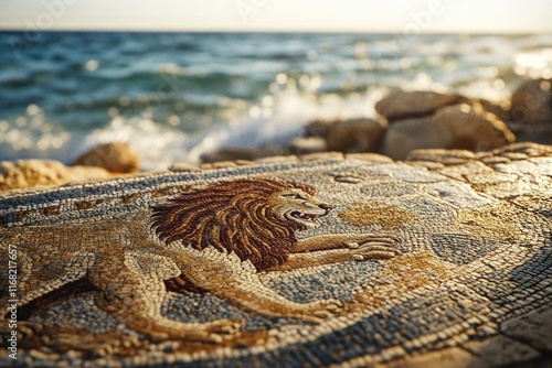 A mosaic lion artwork by the sea, sunlit stones create a beautiful coastal scene. photo