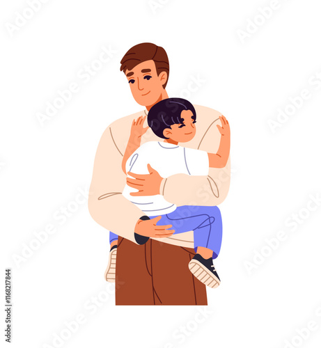 Dad loves his son, holds little boy on hands. Happy family hugs. Cute young father and kid cuddle, support. Parent and child spend time together. Flat isolated vector illustration on white background