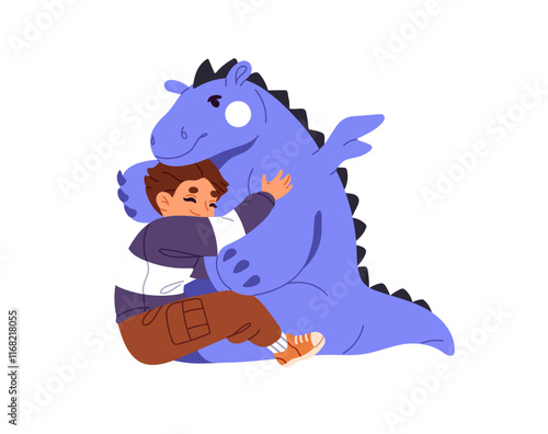 Happy kid hugs his favourite toy Dino. Little boy cuddles cute plush friend. Child loves stuffed dinosaur, embraces. Imaginary friendship. Flat isolated vector illustration on white background