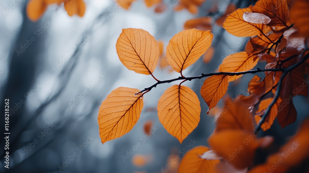 Vibrant Orange Leaves on Tree Branch Amidst a Misty Forest Background Vibrant Orange Leaves on Tree Branch Amidst a Misty Forest Background