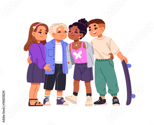 Happy kids warm hug together. Cute children cuddle, rejoice. Group of little friends embraces, support each other. International friendship. Flat isolated vector illustration on white background