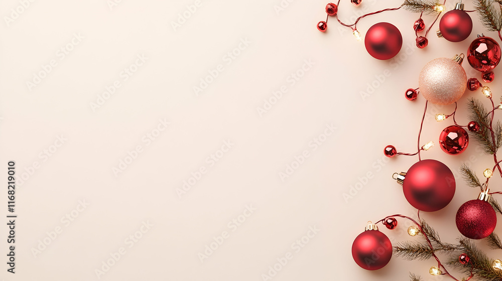 Festive Christmas ornaments and lights on pastel background; ideal for holiday greeting cards or website banners. Festive Christmas ornaments and lights on pastel background; ideal for holiday greeting cards or website banners.
