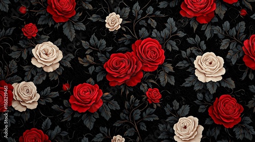 Fototapeta Naklejka Na Ścianę i Meble -  Seamless pattern with red and white roses on dark background.