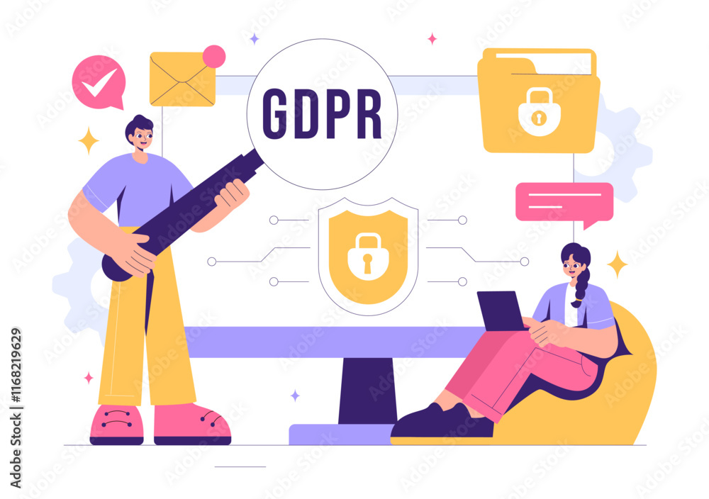 GDPR or General Data Protection Regulation Illustration featuring Cybersecurity, Personal Information Protection, and Access Control Verification GDPR or General Data Protection Regulation Illustration featuring Cybersecurity, Personal Information Protection, and Access Control Verification