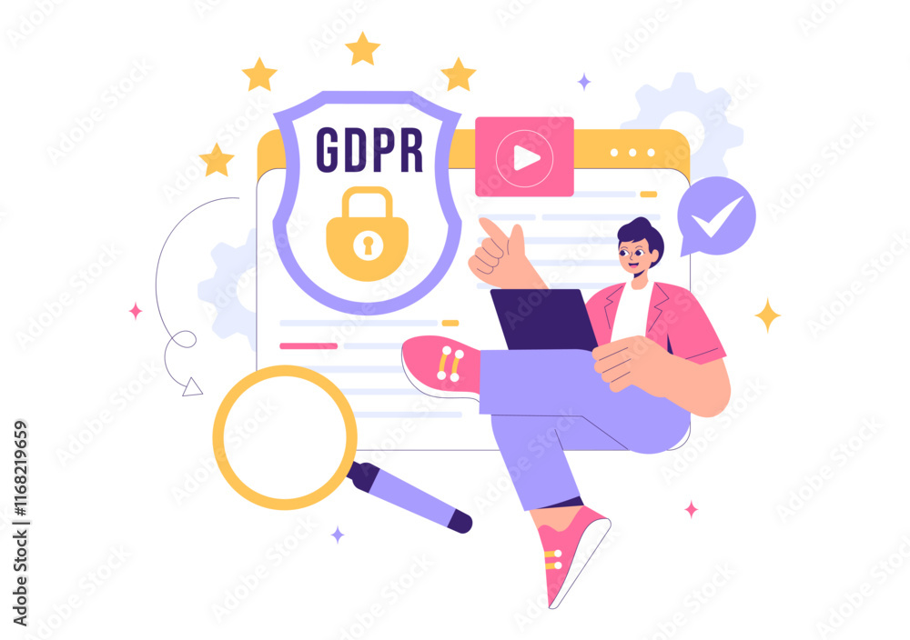 GDPR or General Data Protection Regulation Illustration featuring Cybersecurity, Personal Information Protection, and Access Control Verification GDPR or General Data Protection Regulation Illustration featuring Cybersecurity, Personal Information Protection, and Access Control Verification