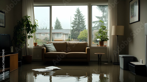 Wallpaper Mural Flooded living room, rainy day, suburban home, water damage.  Use Insurance claim, home repair. Torontodigital.ca