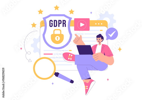 GDPR or General Data Protection Regulation Illustration featuring Cybersecurity, Personal Information Protection, and Access Control Verification