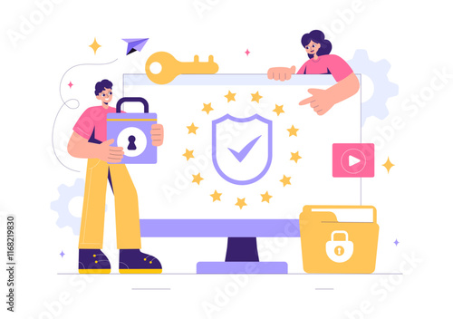 GDPR or General Data Protection Regulation Illustration featuring Cybersecurity, Personal Information Protection, and Access Control Verification