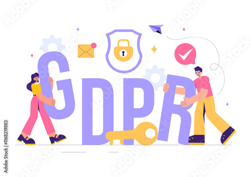 GDPR or General Data Protection Regulation Illustration featuring Cybersecurity, Personal Information Protection, and Access Control Verification